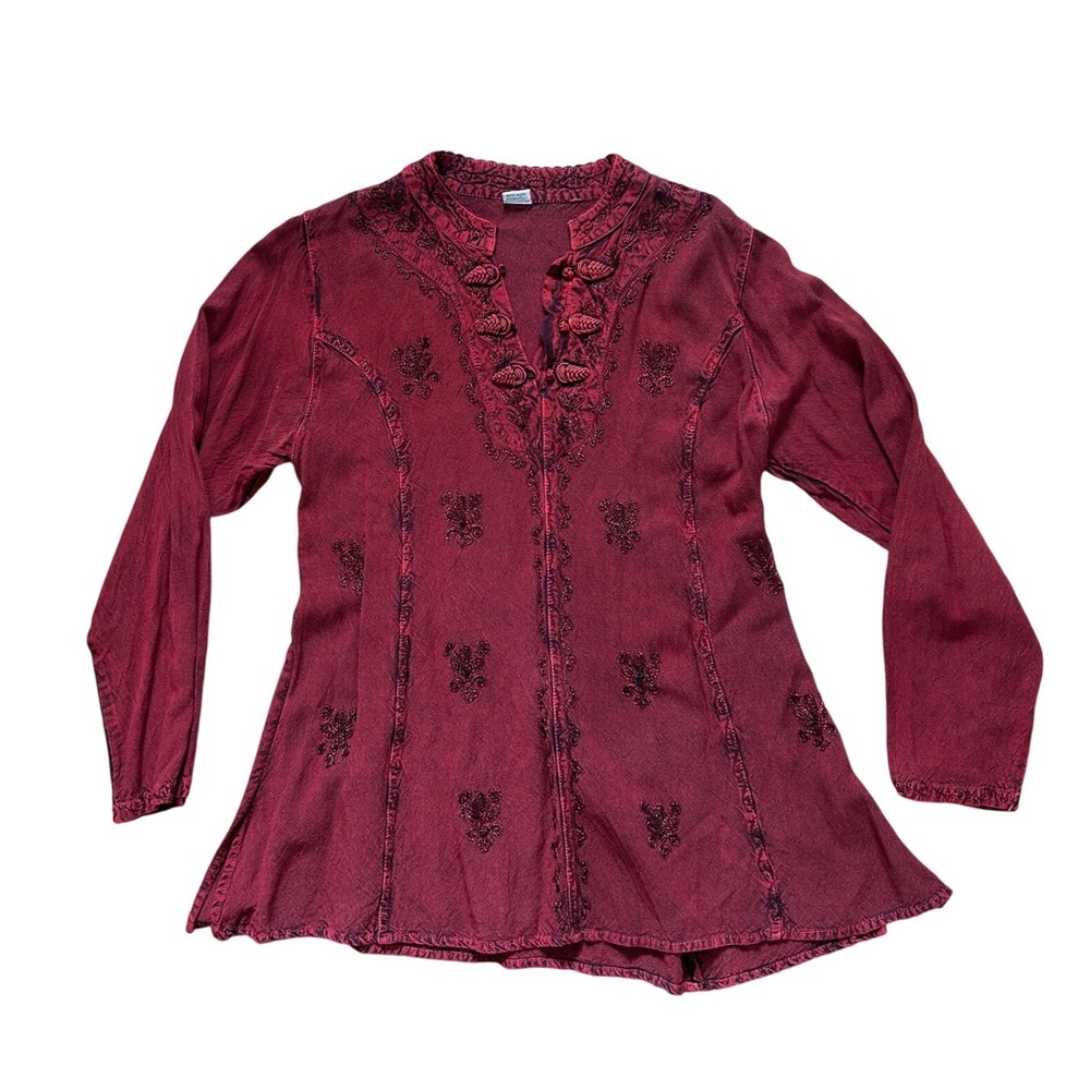 Burgundy Embroidered Frog Button Rayon Boho Tunic Top whimsigoth grunge one size